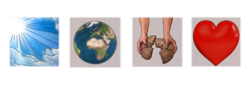 Ensimmäisessä kuvassa hohtava auronko, toisessa maapallo, kolmannessa kädet murtaa leipää, neljännessä sydän.