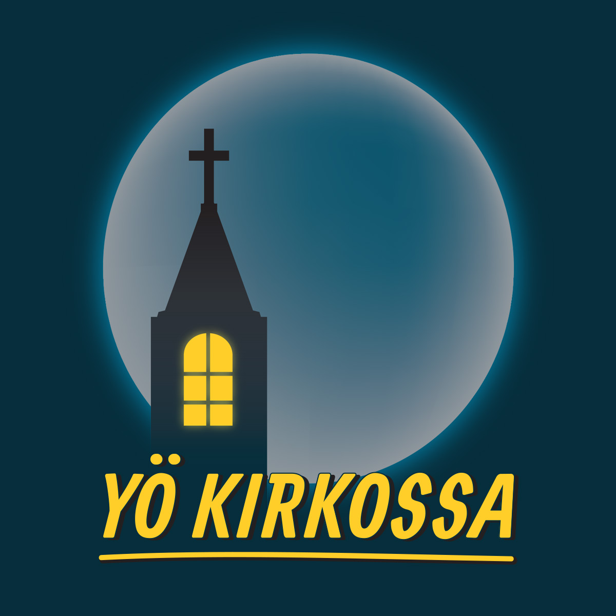 Täysikuu, jota vasten näkyy kirkon siluetti. Teksti: Yö kirkossa.